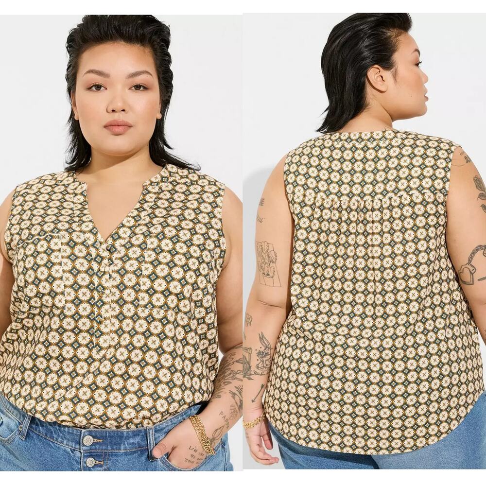 Torrid Womens Harper Linen Pullover Tank Plus Size 3X Mindy Motifs Split Neck